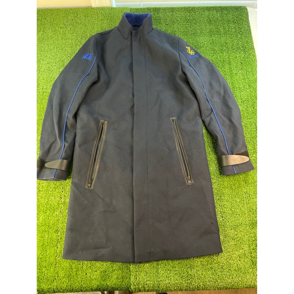 H&M Navy Blue Coat Jacket Zippered Pockets Long Sleeve Collared Swede Olympcs 48